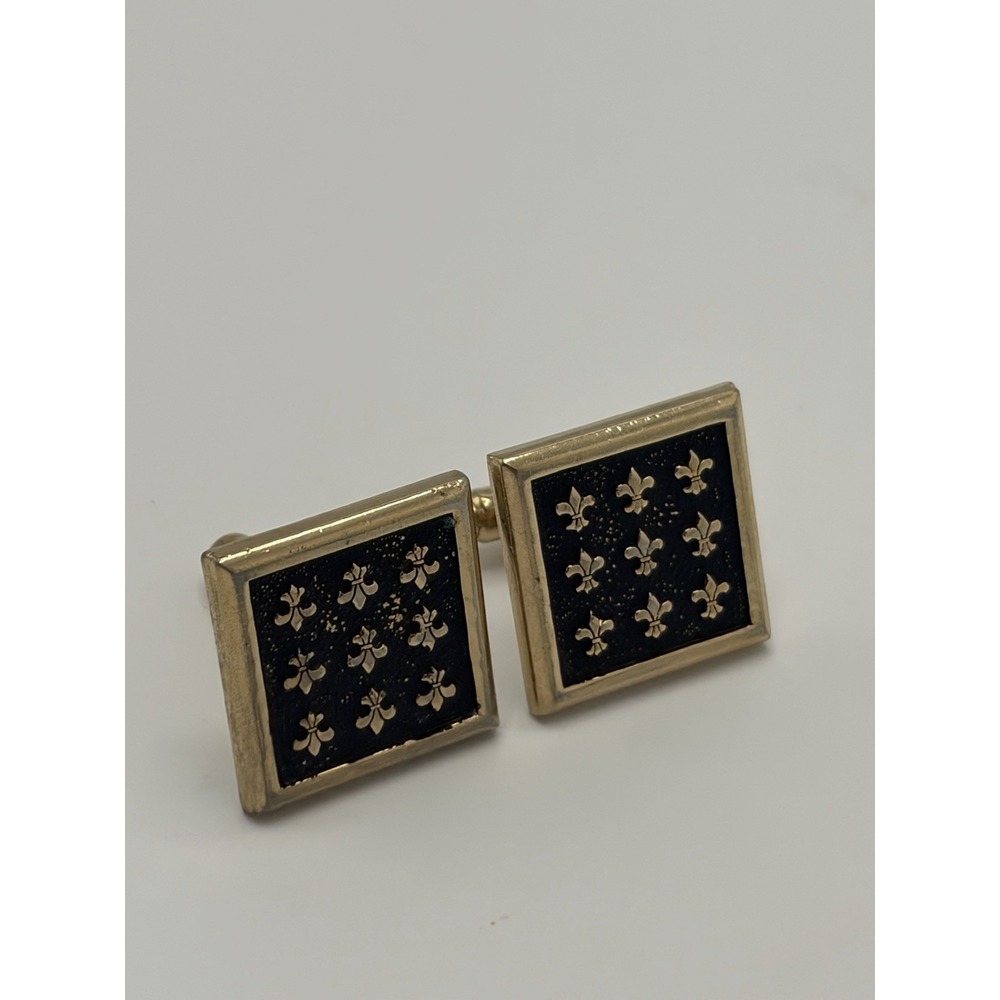 Vintage MCM Square Cufflinks fleur-de-lis Face Gold Black - Diamond Star Mark